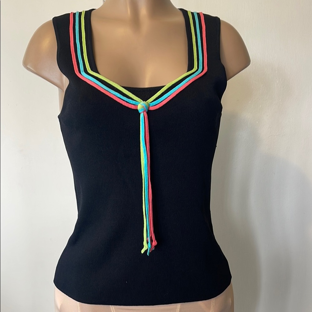 CABLE & GAUGE Women’s Black Tank Top with Multicolor Rope Trim